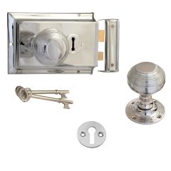 Beehive Rim Knob, Lock & Escutcheon - Polished Chrome