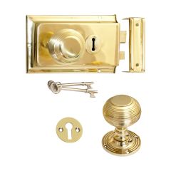 Beehive Rim Knob, Lock & Escutcheon - Polished Brass