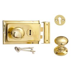 Mushroom Rim Knob, Lock & Escutcheon - Polished Brass