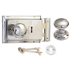 Mushroom Rim Knob, Lock & Escutcheon - Polished Chrome